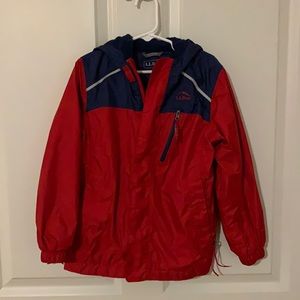LL Bean kids' Trail Model Rain Jacket, Lined, red and blue size 5/6